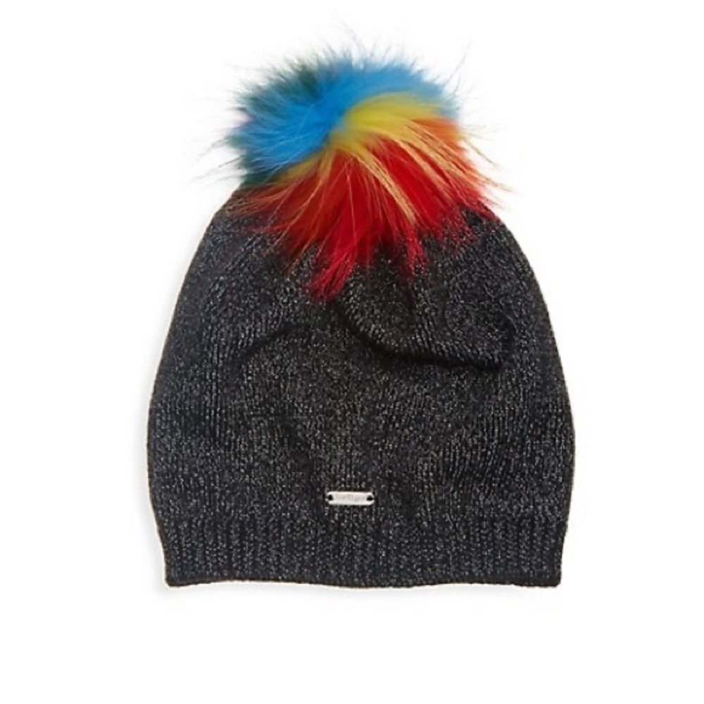 BARI LYNN black and silver sparkle hat with rainbow fox fur